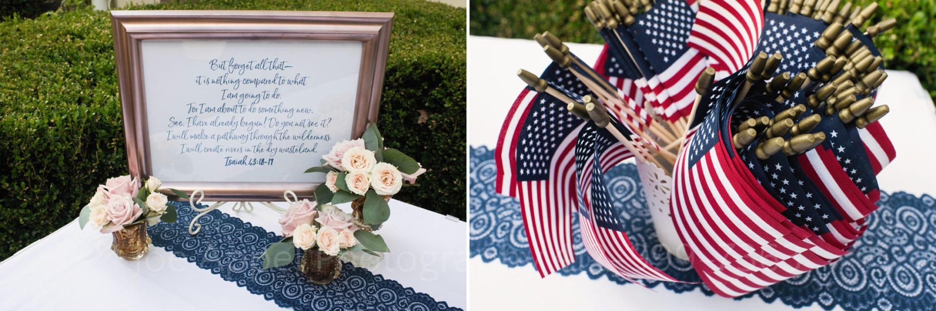 Two pictures: One shows a framed verse of Isaiah 43: 18-19 on a table with pink roses. The second photo is a vase filled with small American flags for wedding guests sitting on the same table during their Omni Bedford Springs Resort Wedding.