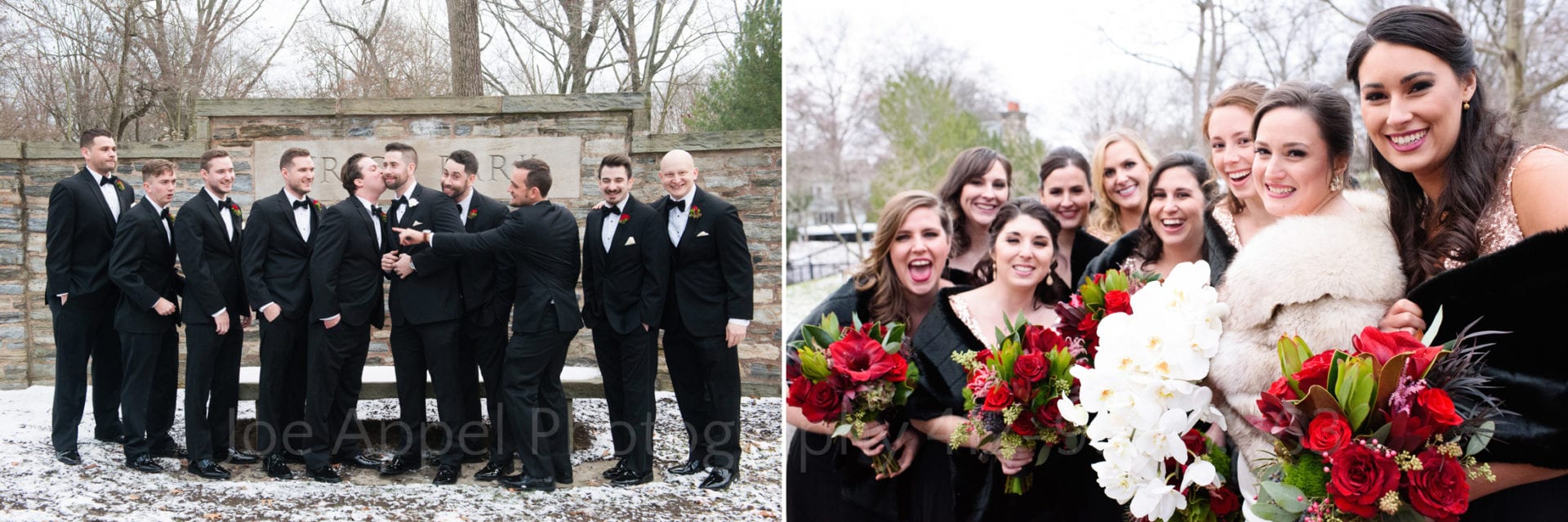 Fun group photos of wedding parties. On the right a large group of black tuxedoed groomsmen gather around the groom. One of the groomsmen kisses the groom on the cheek. In the other photo a group of black-dressed bridesmaids holding red rose bouquets gather around a bride holding a bouquet of white flowers.