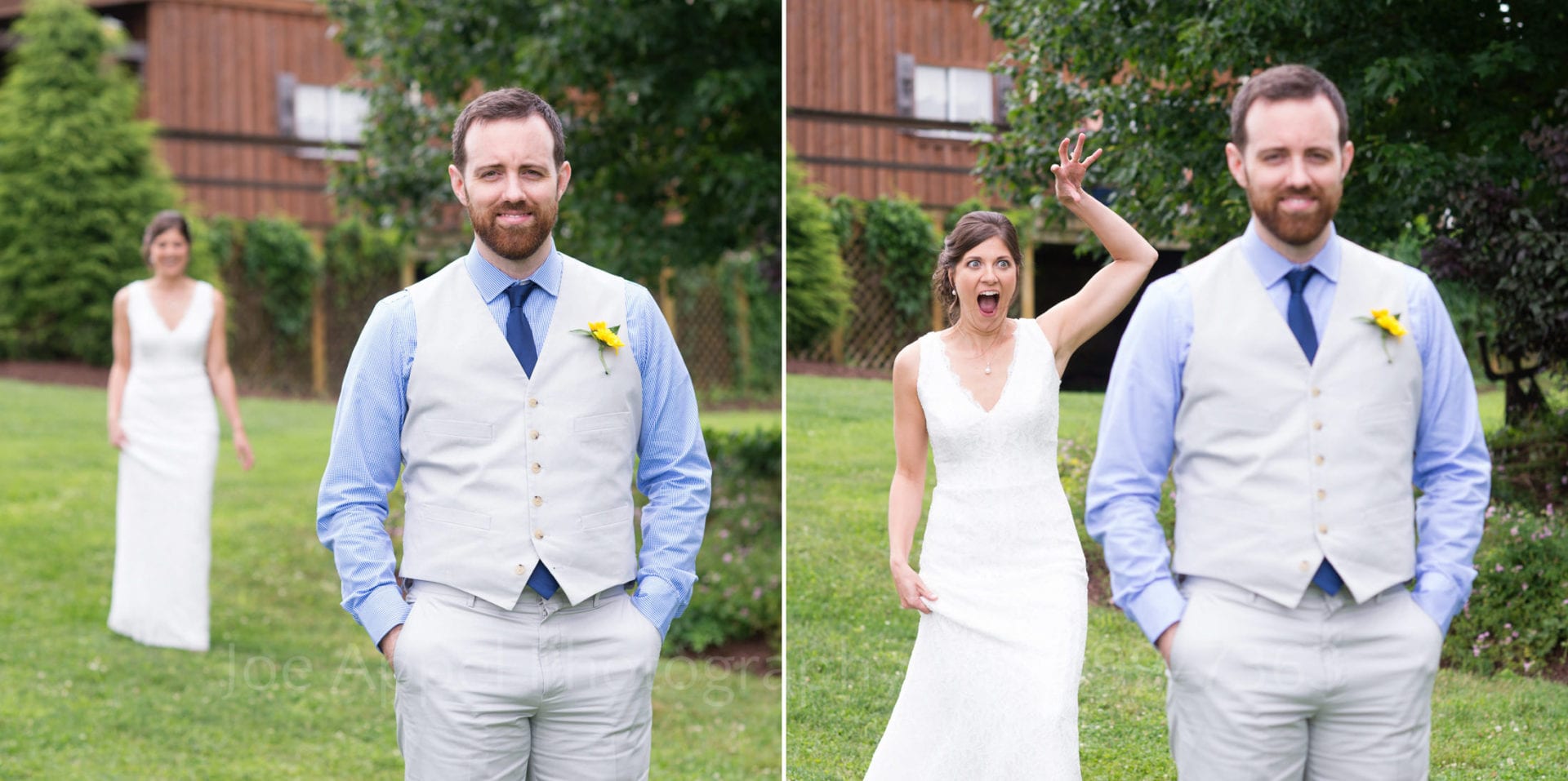 Two photos: a groom waits as his bride walks from behind for their first look before their Armstrong Farms Wedding. The second photo shows the bride raising her arm and making a funny face behind the unknowing groom.