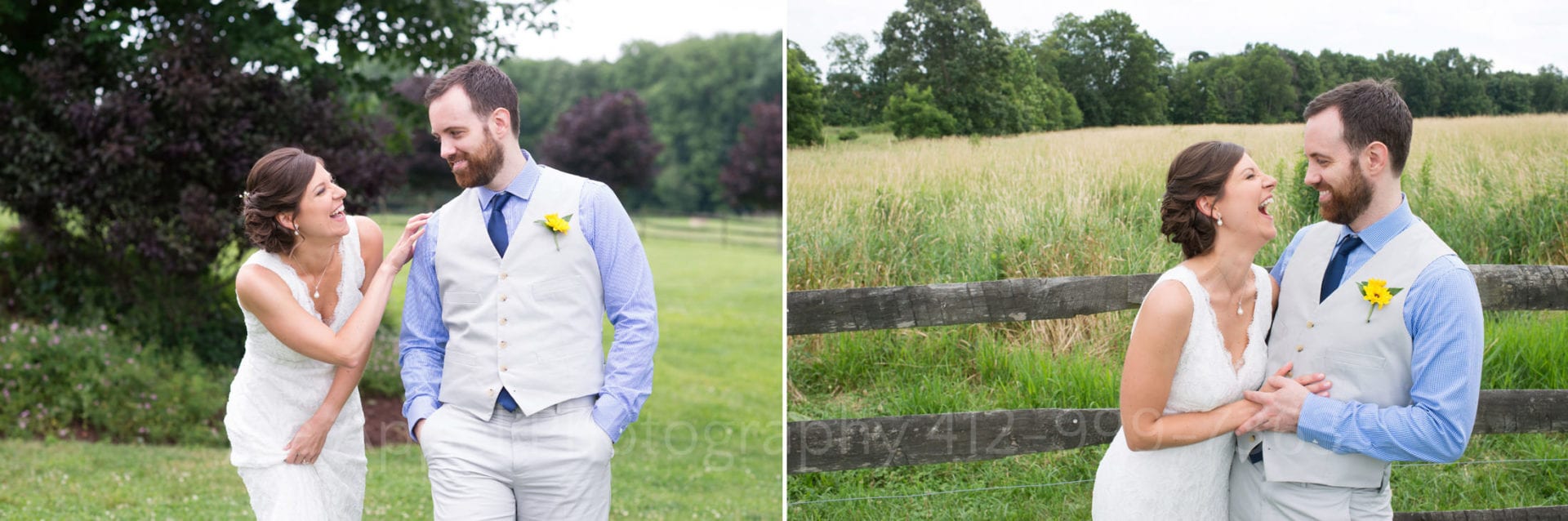Two photos: A groom wearing a tan vest and a blue shirt stands with his hand in his pocket as he looks to the left where his bride holds on to his other arm and laughs. The second photo shows them embracing in front of a split rail fence with a field of high grass behind it.