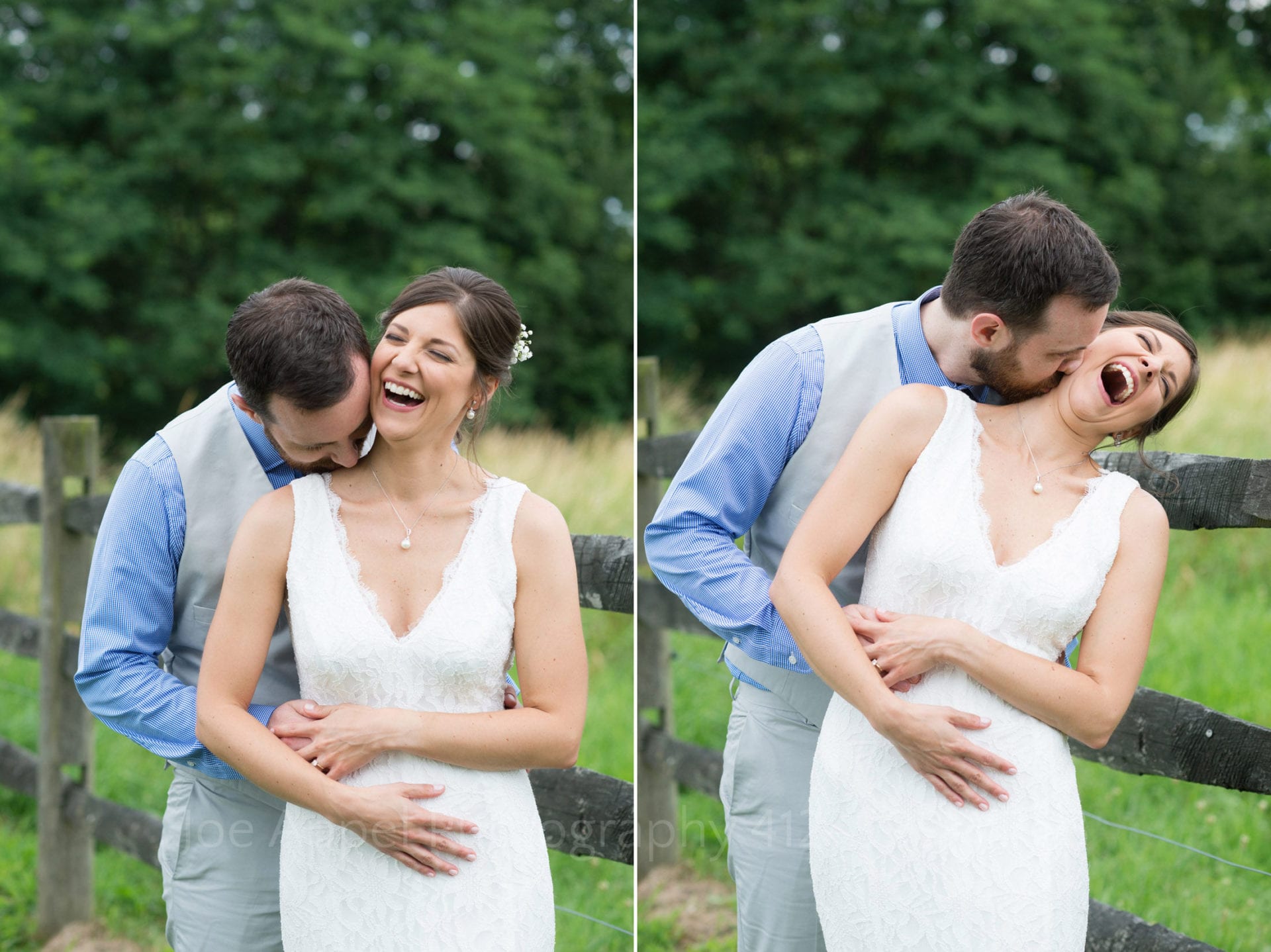 two photos: a groom wearing a tan vest and a blue shirt stands behind his bride who is wearing a white dress with straps and a plunging neckline. He kisses her on the neck as she laughs. The second photo shows more of the same but the bride is bending further to the right and laughing louder during their Armstrong Farms Wedding.