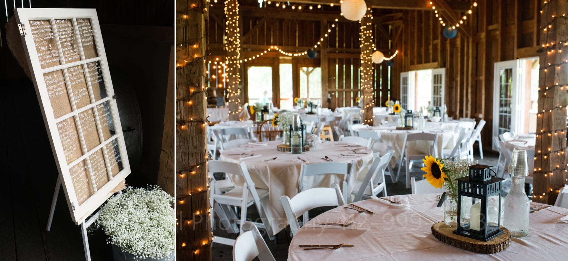 two photos: detail photo of a seating chart written with paint marker on the panes of a 3 over 4 window backed by burlap. The other photo is an overall of a lovely decorated interior of a barn with tables and centerpieces set for an Armstrong Farms Wedding.