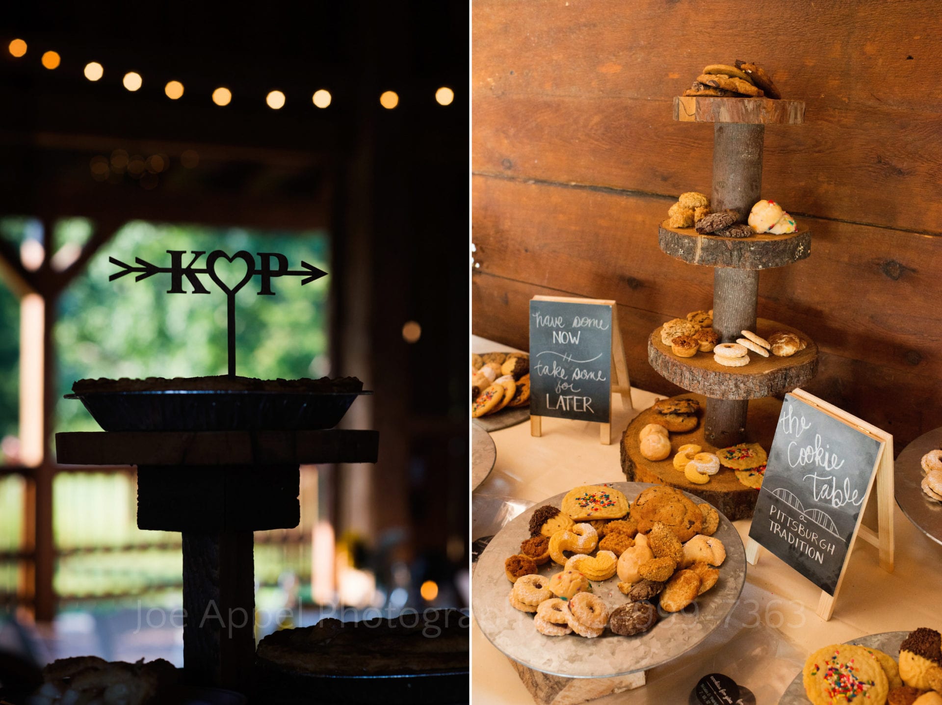 two photos: a silhouette of a cake topper that shows an arrow going through a K and a P with a heart in the middle. The other photo is a table of cookies displayed on a tower made of tree stumps during an Armstrong Farms Wedding.