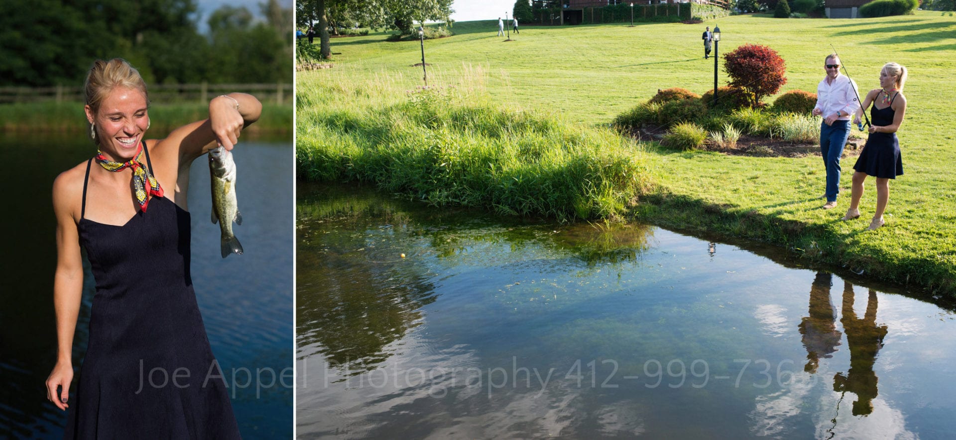 two photos: an attractive blond woman wearing a blue dress holds a fish that she just caught. The other photo shows her fishing with her boyfriend as they are reflected in a pond.