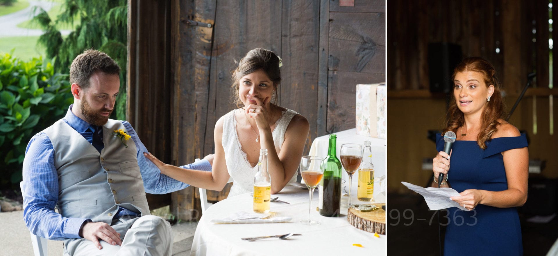 Two photos: a bride and groom sit at a table near the door of a barn. The bride holds her hand to her face as she shows emotion while the woman in the second photo gives a speech.