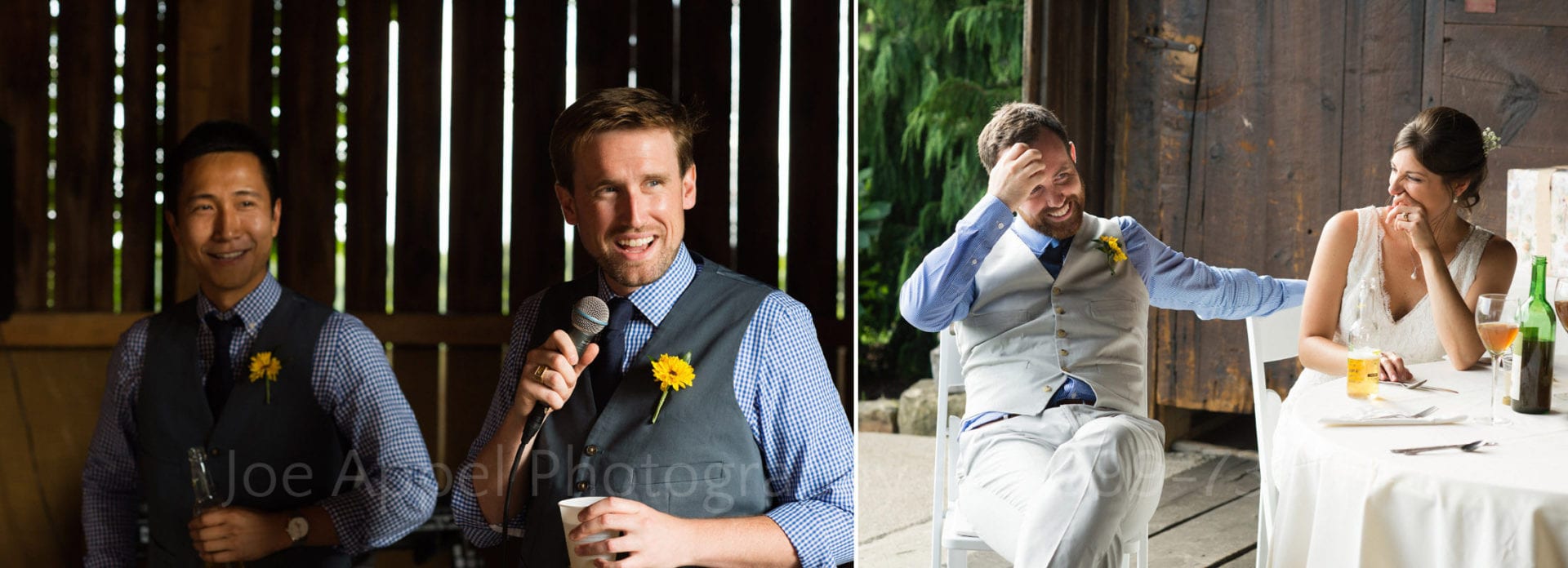 Two photos: two groomsmen stand and give a toast to a groom. In the second photo the groom laughs while holding his hand to his forehead. He's seated with his bride at a table in the doorway of a barn.