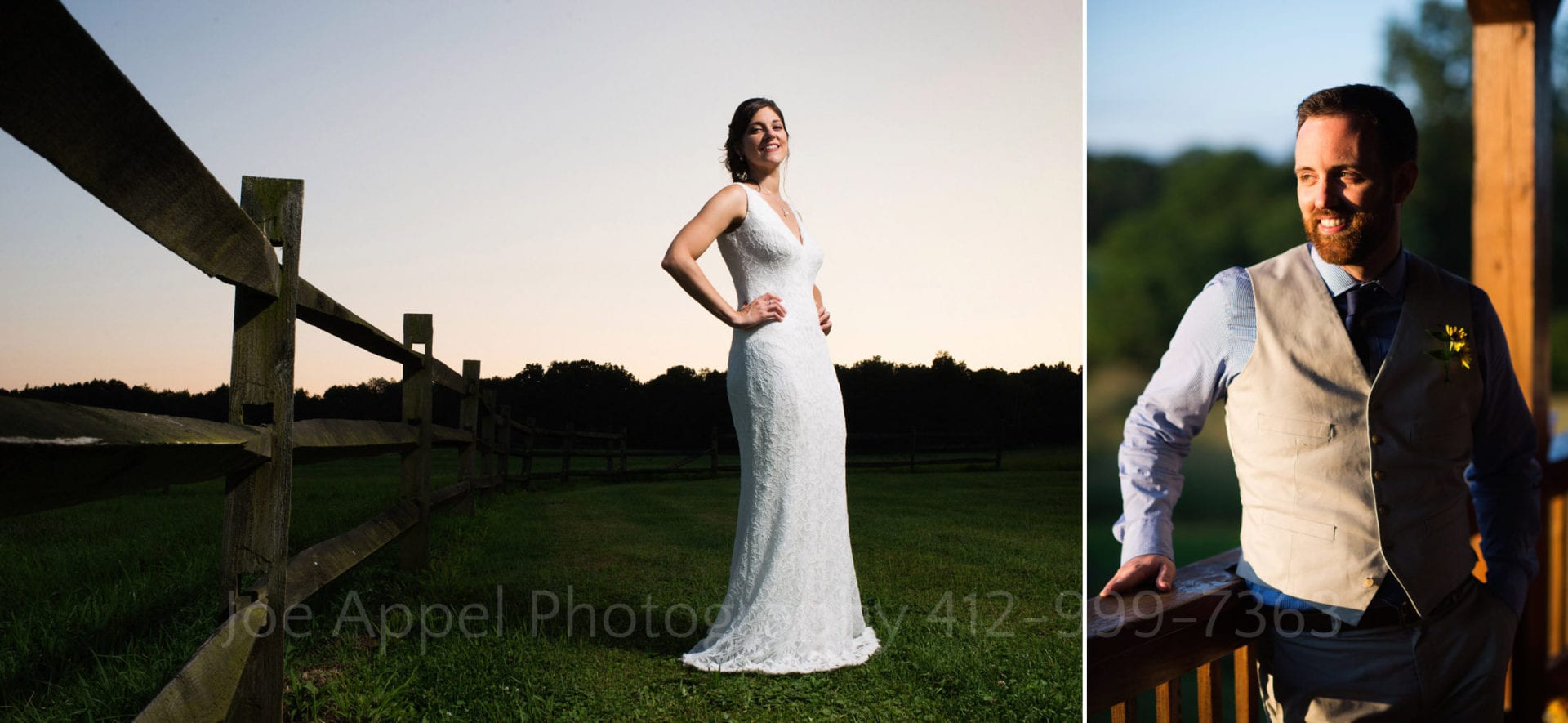 Two photos: A bride wearing a white dress stands next to a split rail fence with her hands on her hips as the sun sets behind her. The second photo is a groom wearing a tan vest and blue shirt leaning against the railing of a porch as he is lit by the evening sun.