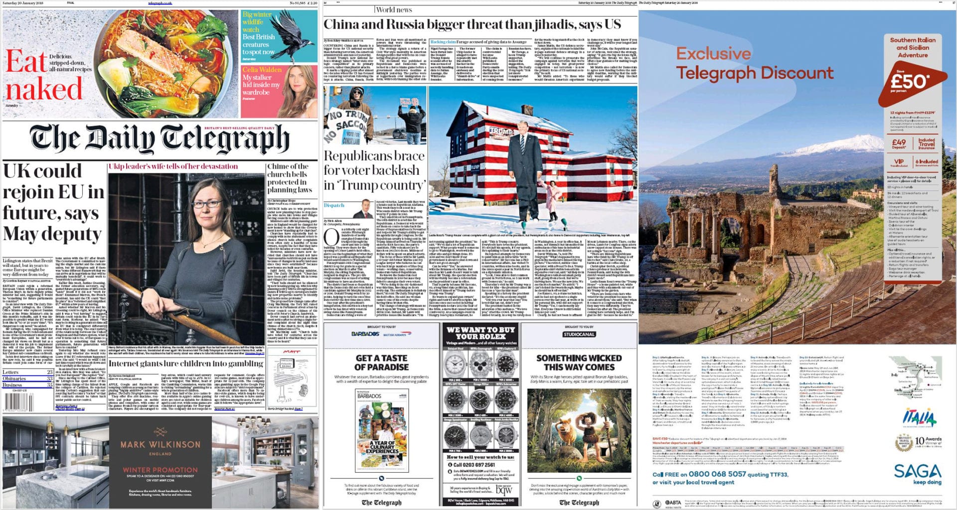 Three pages from the January 20th 2018 Daily Telegraph newspaper. The page on the left is the front page. The two on the right are a spread from the World News section showing a story about republican backlash against president Trump with photos by an Editorial Photographer in Pittsburgh.
