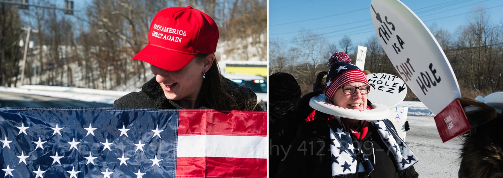 Two photographs by an Editorial Photographer in Pittsburgh: A woman wearing a Make America Great Again hat looks down and smiles at an American flag that she's holding. In the second photo a woman with a red, white, and blue toque wears a toilet seat around her head referencing a derogatory statement attributed to the president of the united states.