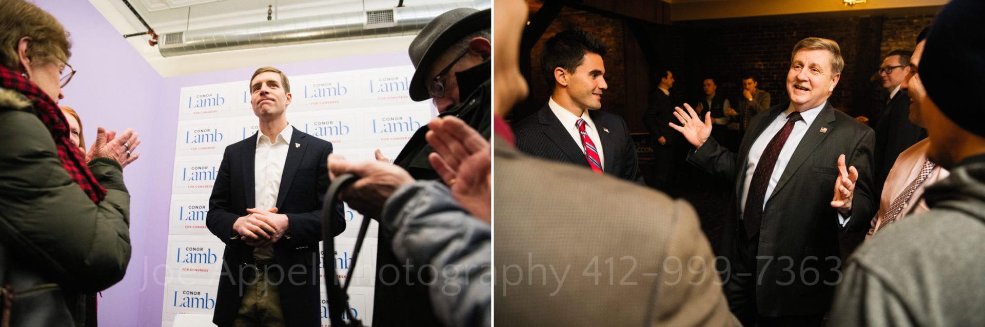 Two photos from different campaign events by an Editorial Photographer in Pittsburgh. In the first photo a tall, young red-headed man wearing a blue jacket and a white shirt with an open collar is surrounded by applauding supporters of his candidacy for congress. In the second photo a middle aged man wearing a suit with a dark red tie holds his hands out as he talks with supporters gathered around him.