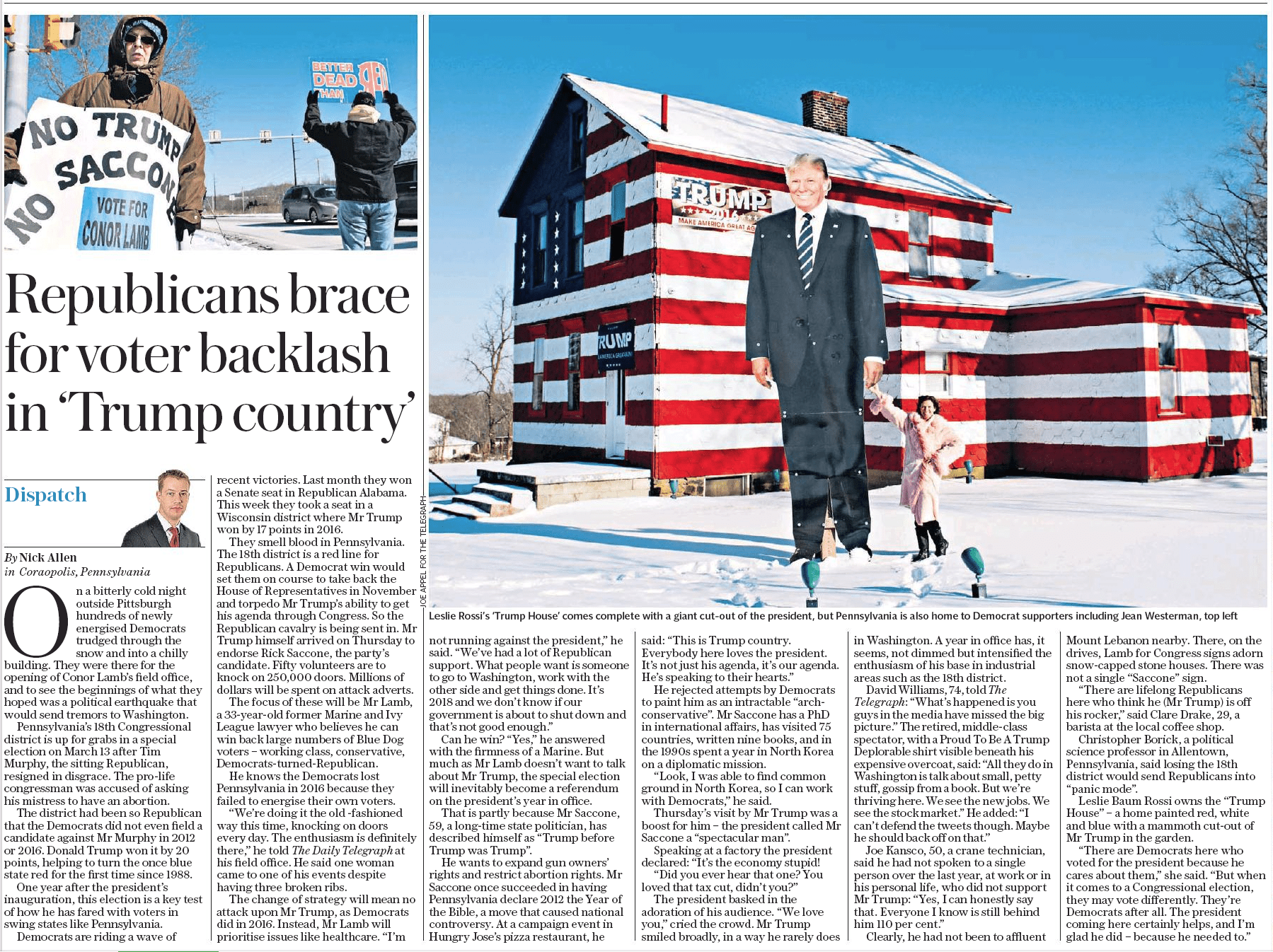 A clipping of a newspaper article with photos by an Editorial Photographer in Pittsburgh about the upcoming special election to fill the vacant seat in the Pennsylvania 18th congressional district. Two pictures accompany the article. The main photo is a 2-story farmhouse with red and white stripes painted all around it and a blue field with several stars in the upper left corner to look like a giant American Flag. In front of the house is a large color cutout of a smiling Donald Trump. Holding his hand is a woman wearing a frilly pink overcoat. The second photo is a woman bundled up in a brown parka holding a sign that protests the president and the republican candidate for the PA 18th district.