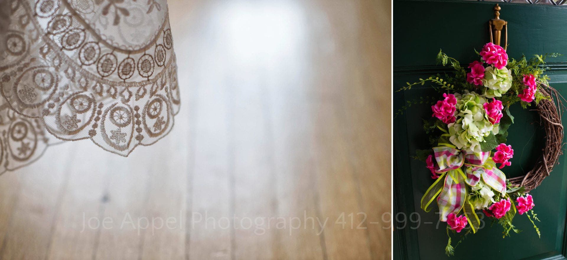 Two photos: a lace end of a wedding dress contrasted against a hardwood floor. A green door with a wreath of pink roses hanging from it.