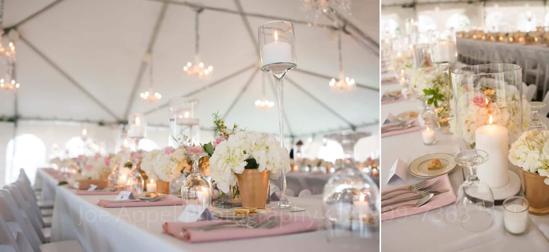 detail photos of a tent with set tables in pink pastel hues with candles and chandeliers. 