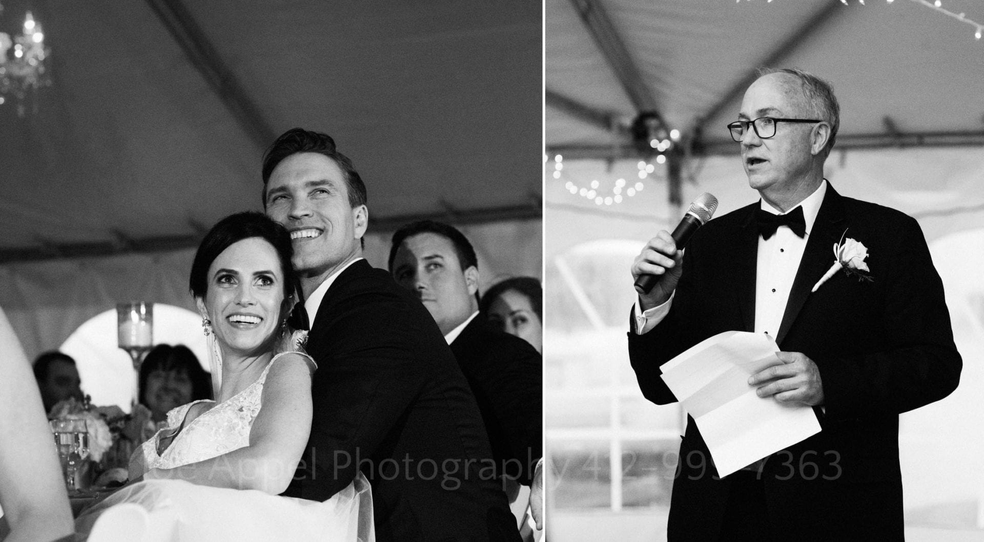 two photos: a bride and groom sit closely together as they listen to the bride's father (second photo) give a toast.