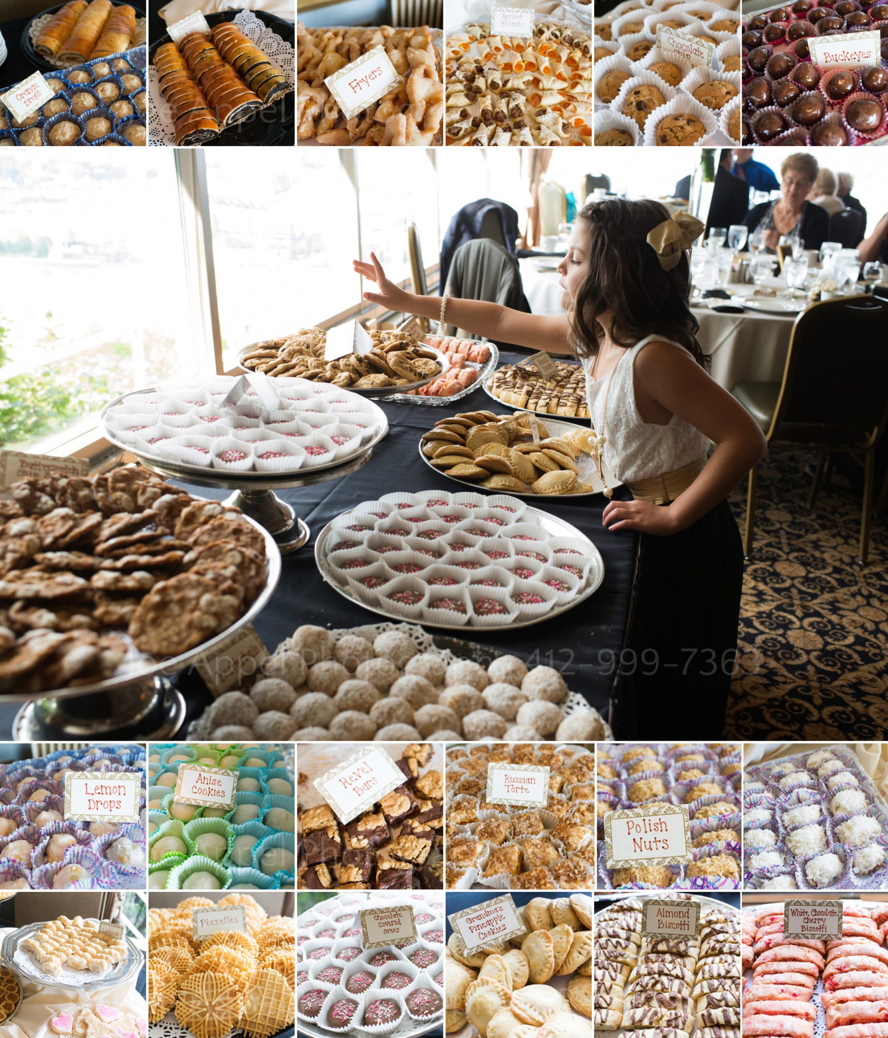 surrounded by many cookies a photo of a young girl reaching for a cookie on a table during a Heinz Chapel and LeMont Wedding.
