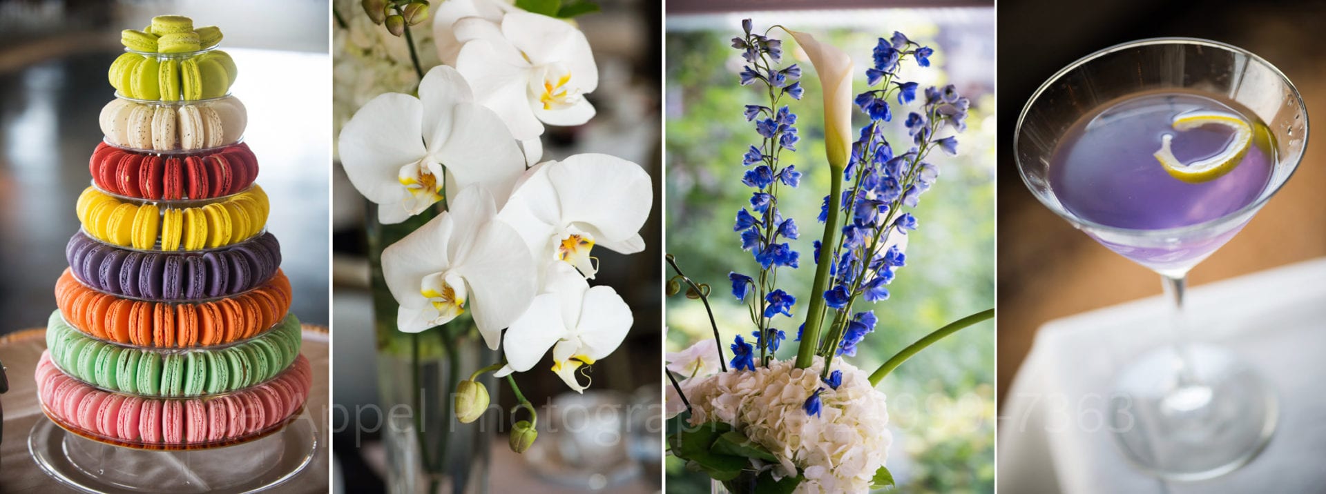 Four photos: a colorful tree made of macarons, a vase of white orchids, bluebells, and a purple drink in a martini glass. 