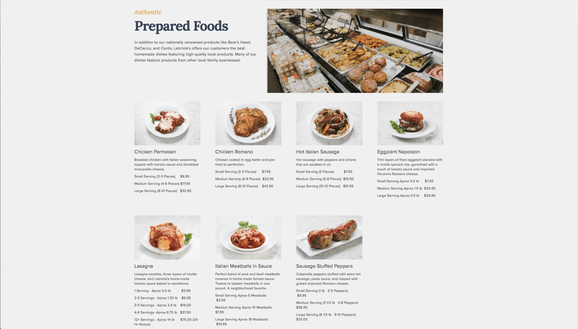 Screenshot of a web page featuring prepared foods in a market counter as well as individual photos of the different dishes available done for Commercial Photography Labriola's Market.