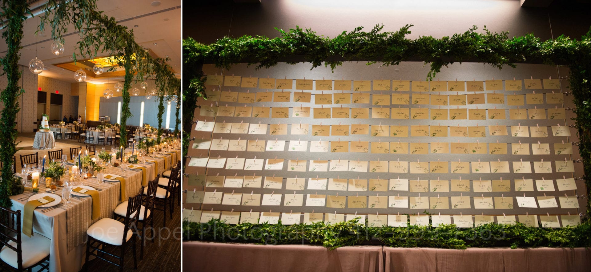 greenery on a trellis above a table set for a banquet. Place cards hang on wires suspended from a trellis covered with greenery Fairmont Hotel Pittsburgh Weddings. 