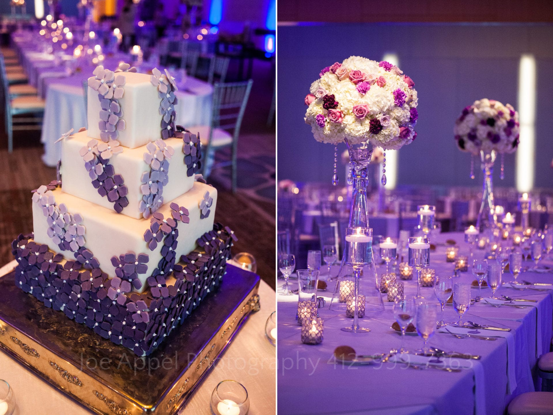 A purple-accented wedding cake with square tiers. A purple table cloth with large bouqets Fairmont Hotel Pittsburgh Weddings