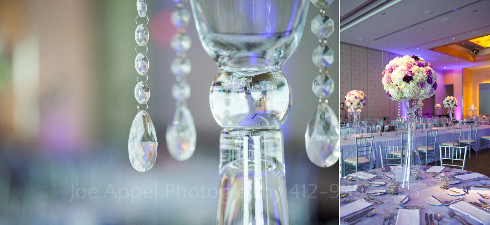 Fairmont Hotel Pittsburgh Weddings crystals on a vase and a photo of large bouquets in tall skinny crystal vases