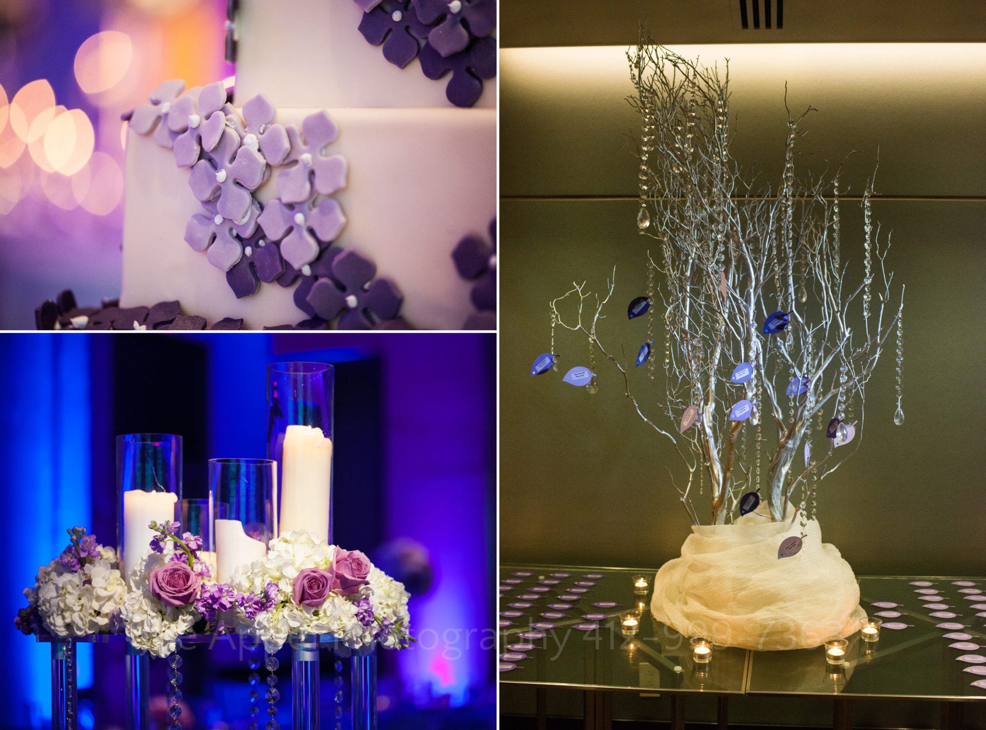 Fairmont Hotel Pittsburgh Weddings detail photos of a cake with purple fondant flowers, a candles in the midst of purple and white flowers, silver tree branches with tags hanging from them.