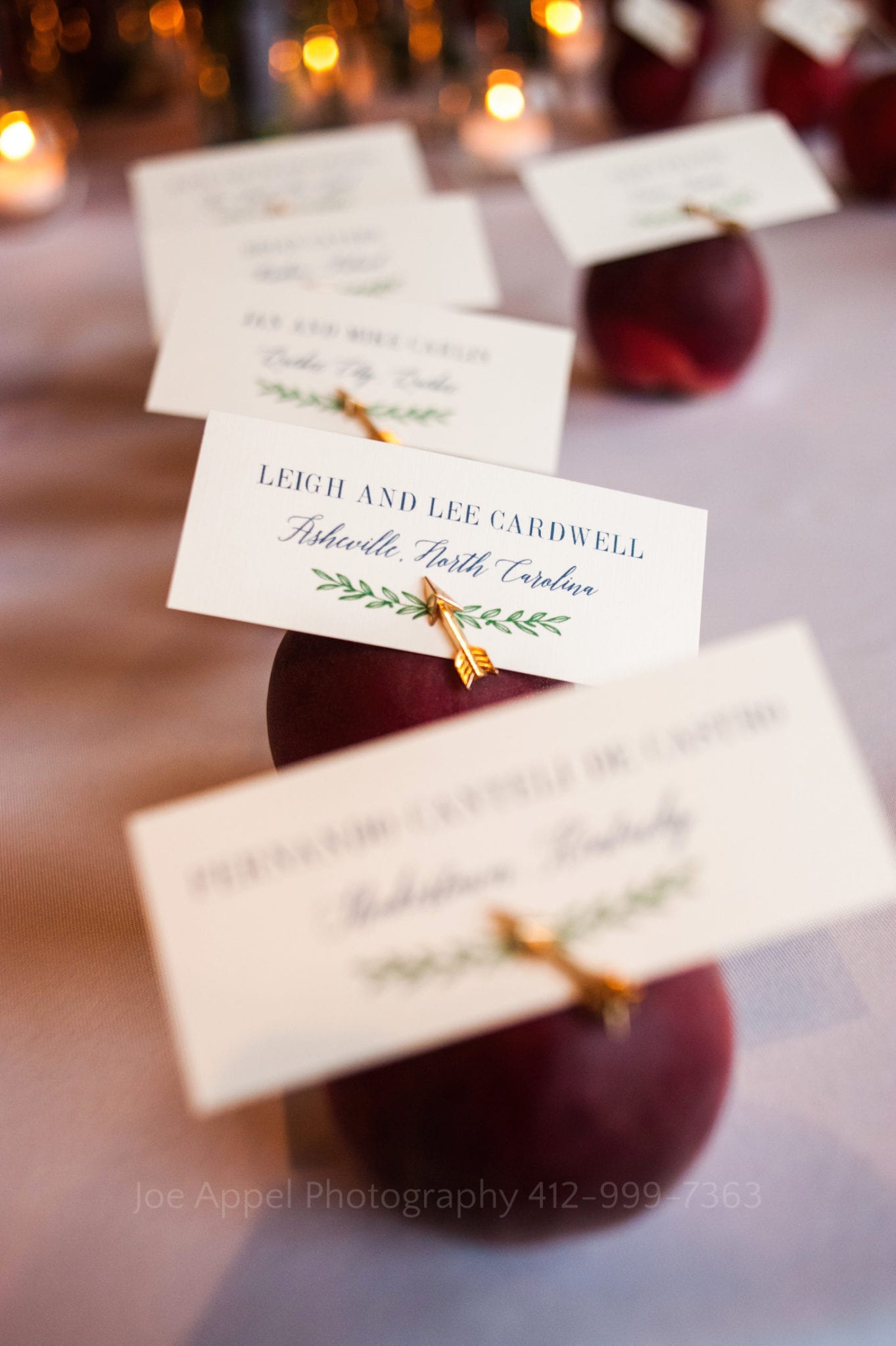 Place cards on an escort table held by decorative apples