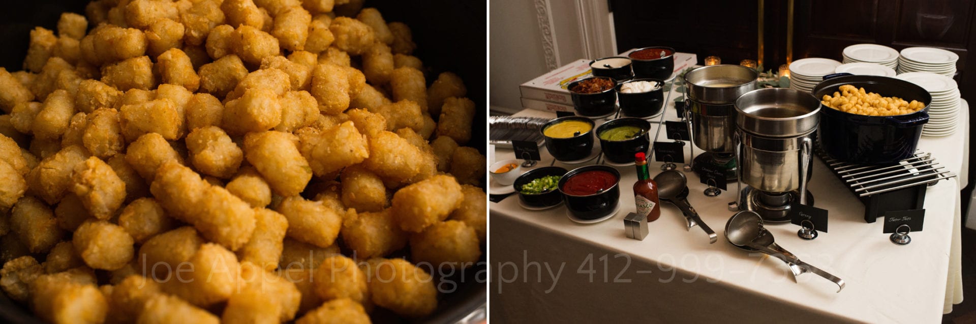 a buffet of tater tots and pizza along with sauces