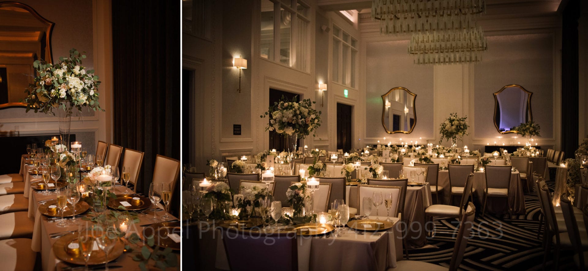 candles illuminate a dining area decorated in white and gold