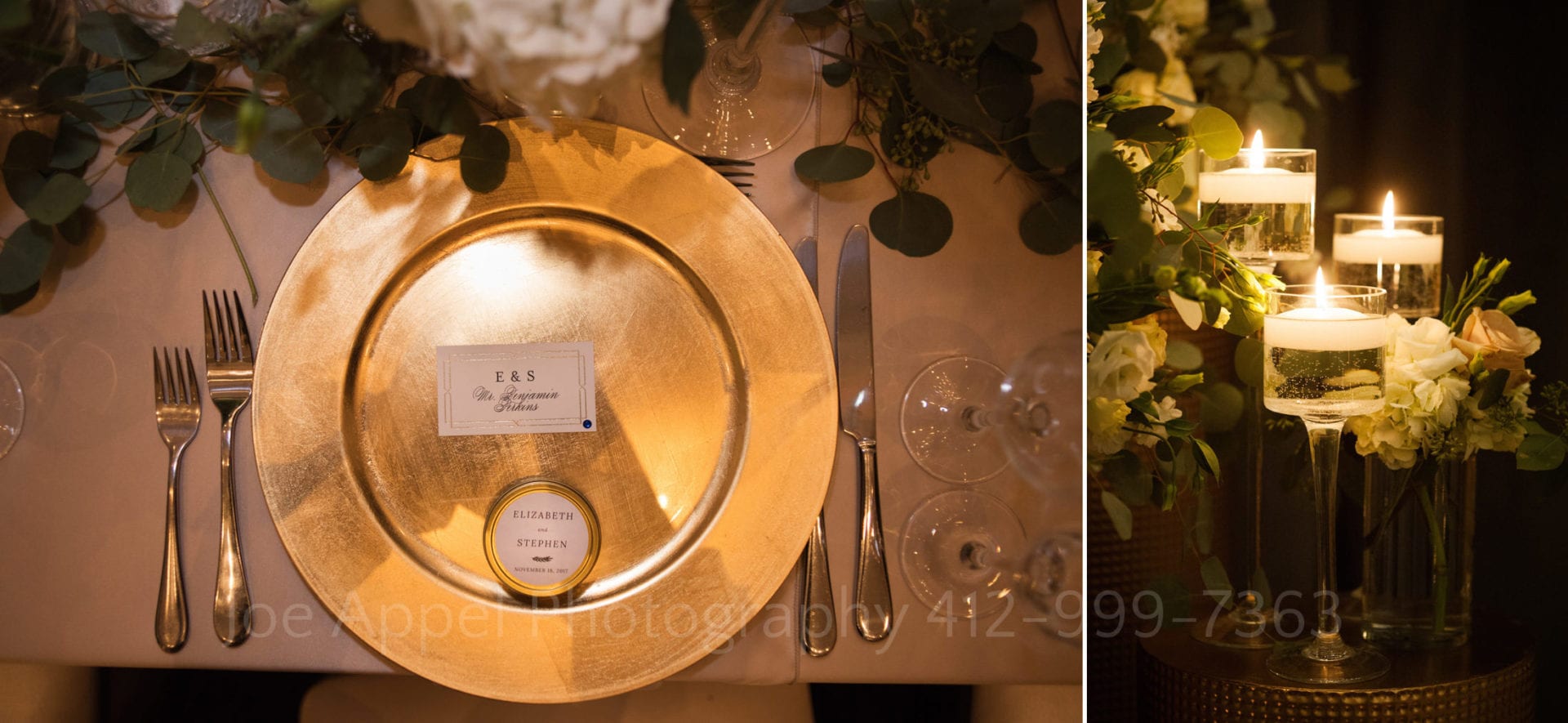 a place card and wedding favor sit on top of a gold dinner plate surrounded by glasses and silverware