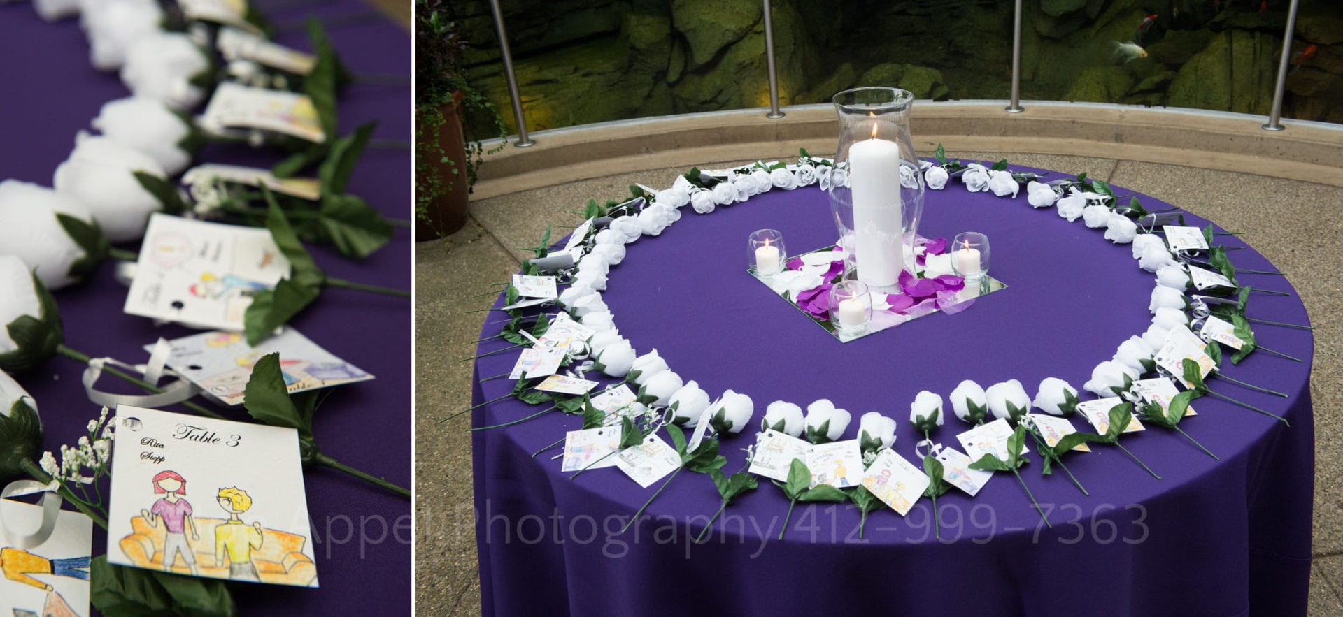place cards attached to white roses sit on a purple table decorated with candles Phipps Conservatory Weddings