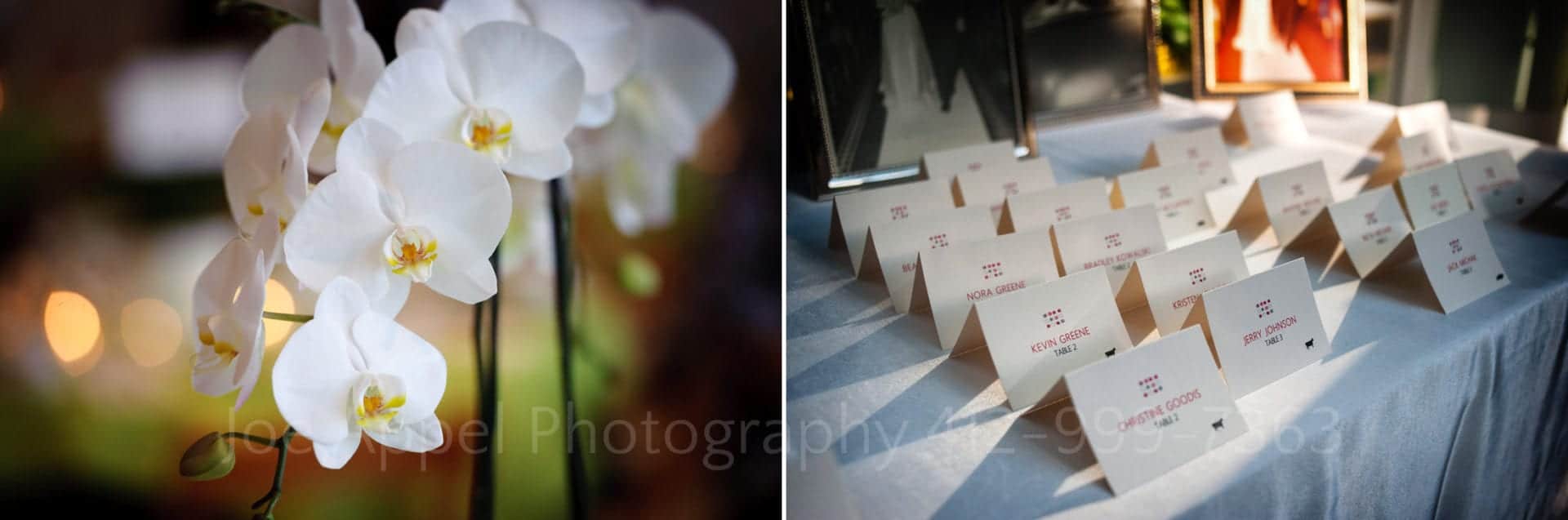 place cards sit on a white table with photographs and white flowers Phipps Conservatory Weddings
