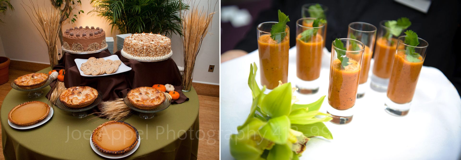 an assortment of pies cakes and cookies sit beside bloody marys Phipps Conservatory Weddings