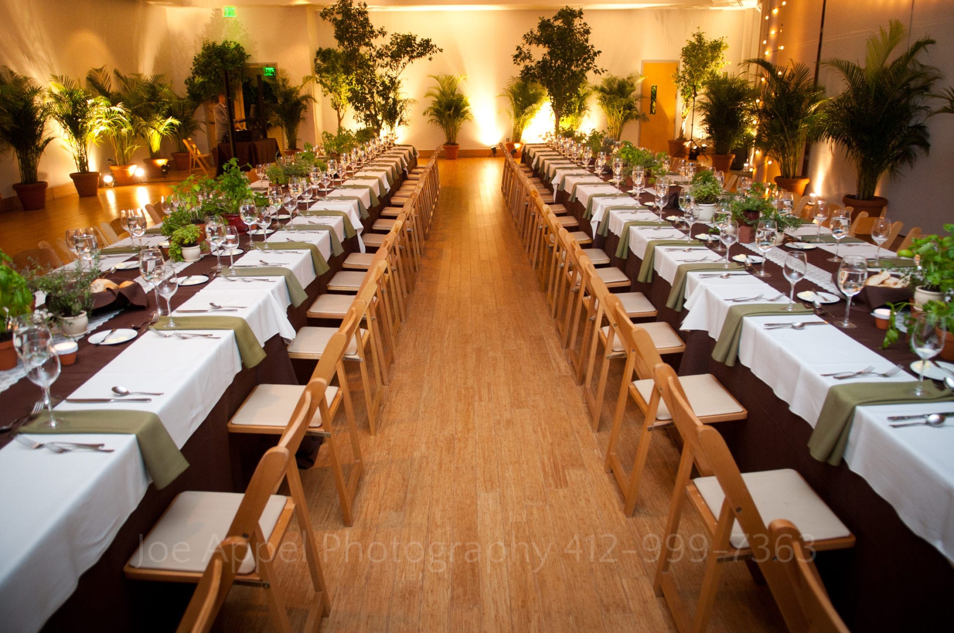 two long dining tables decorated with potted plants Phipps Conservatory Weddings