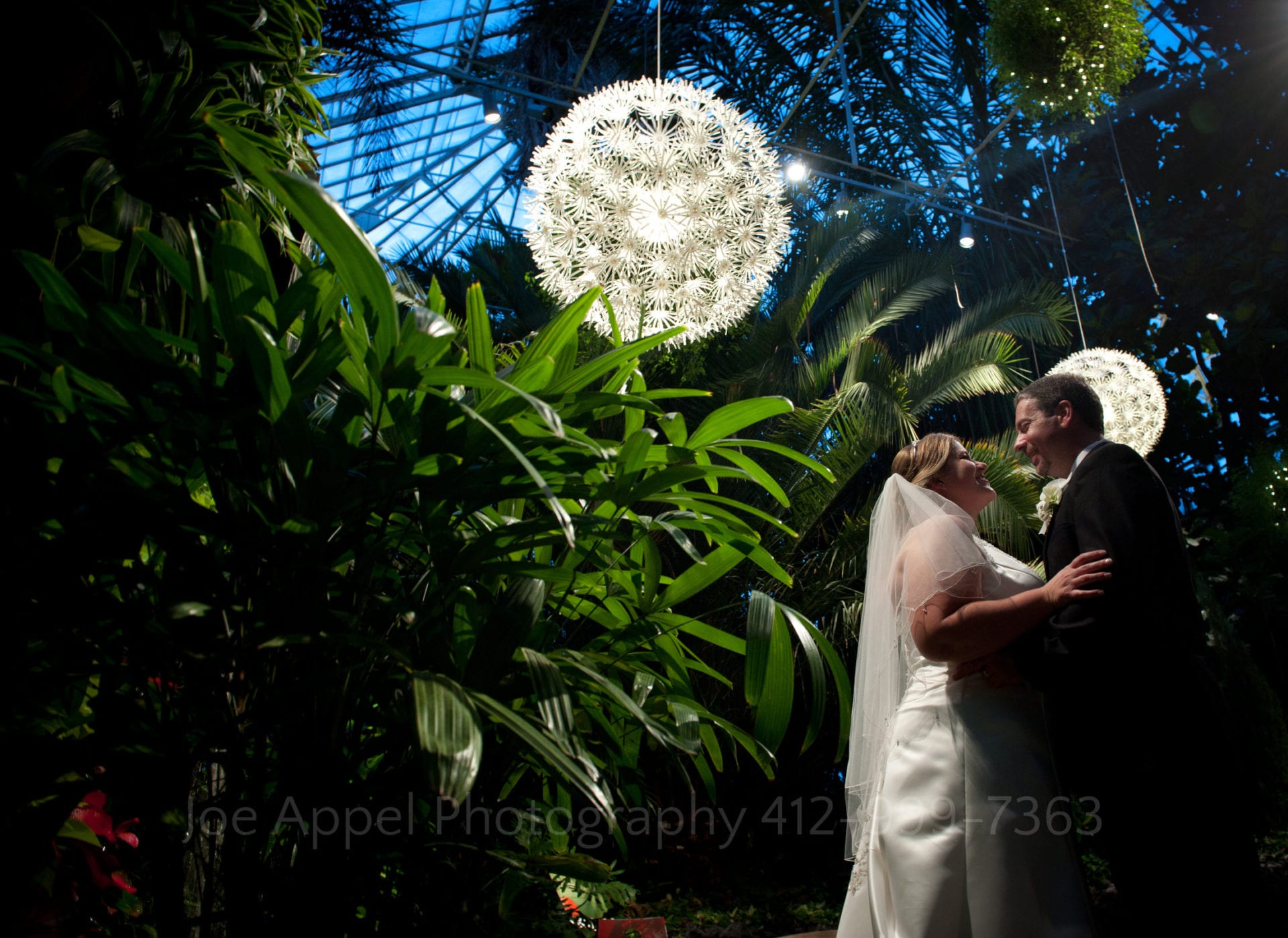 a bride and groom embrace in a garden underneath white circular chandeliers Phipps Conservatory Weddings