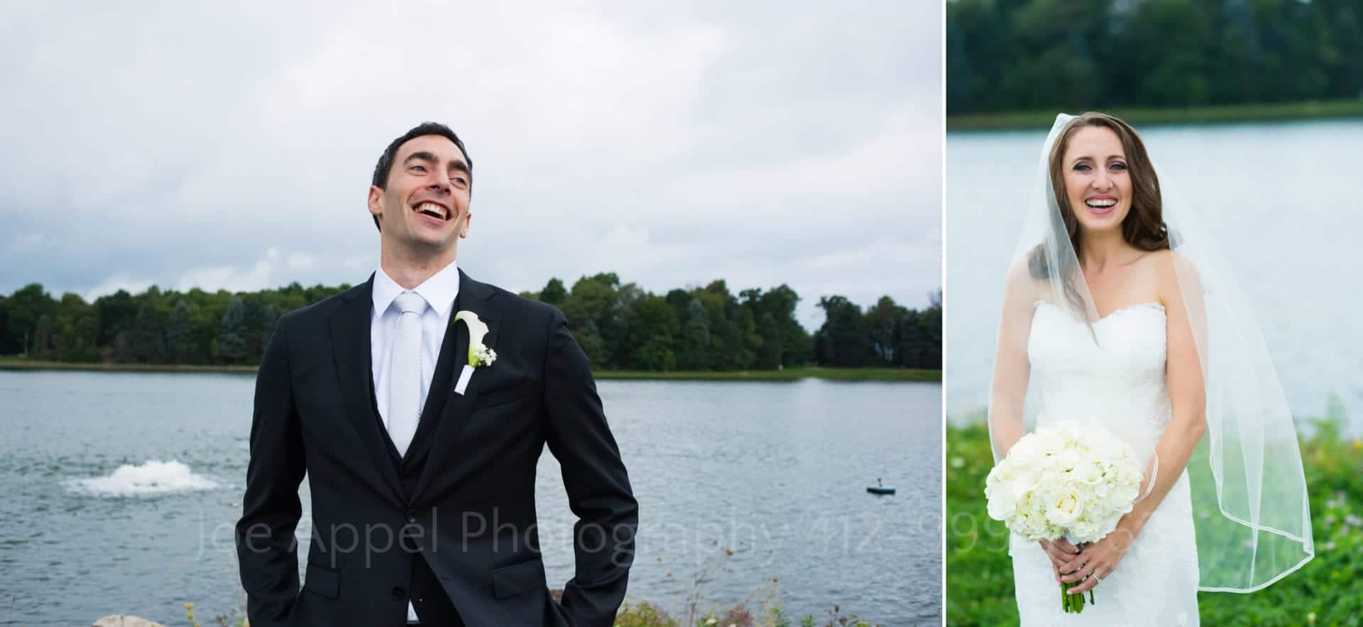 a bride and groom smile and stand in front of a lake Seven Springs Weddings