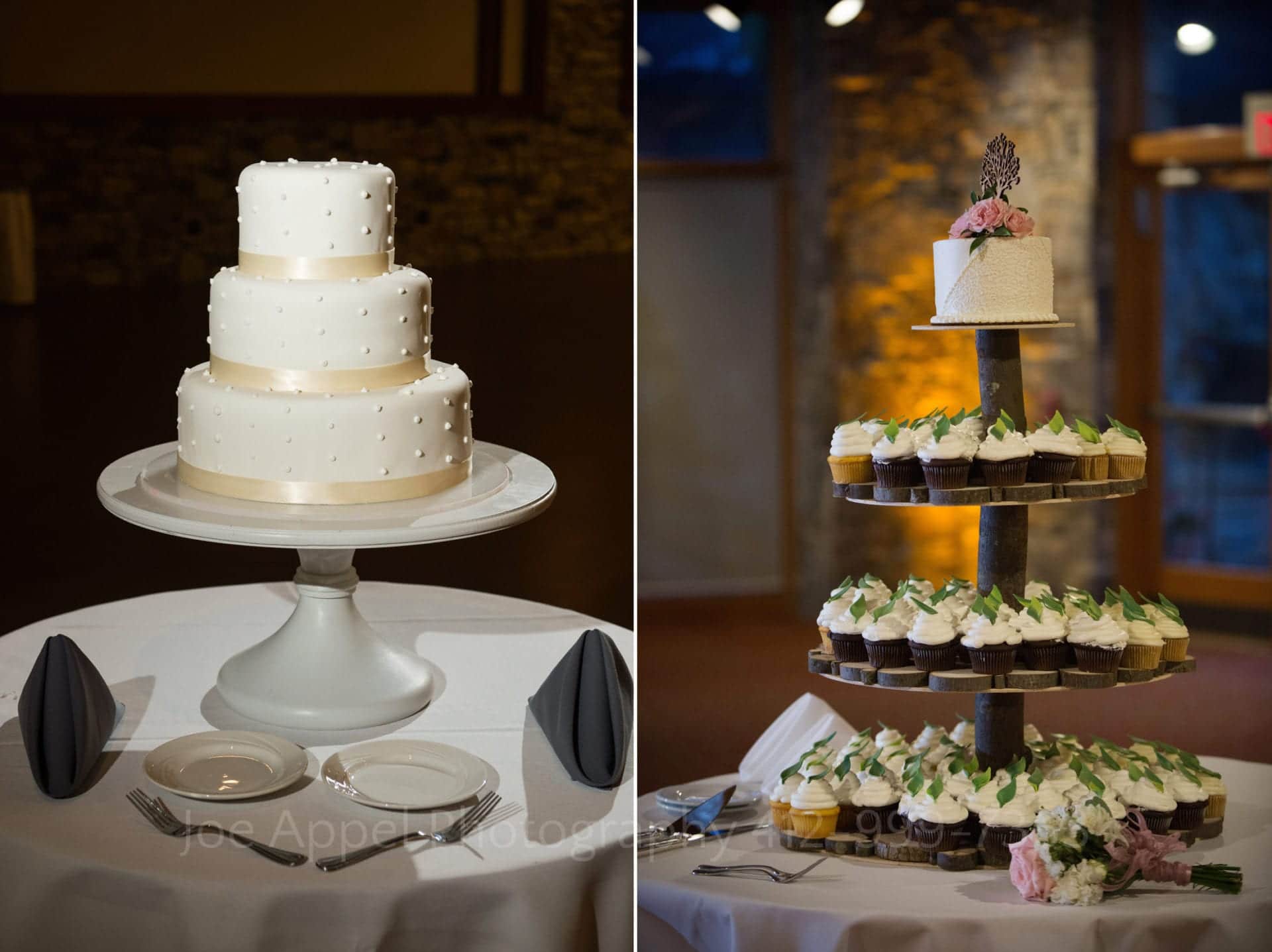 a white polka dot wedding cake and a cake tier with chocolate and vanilla cupcakes Seven Springs Weddings