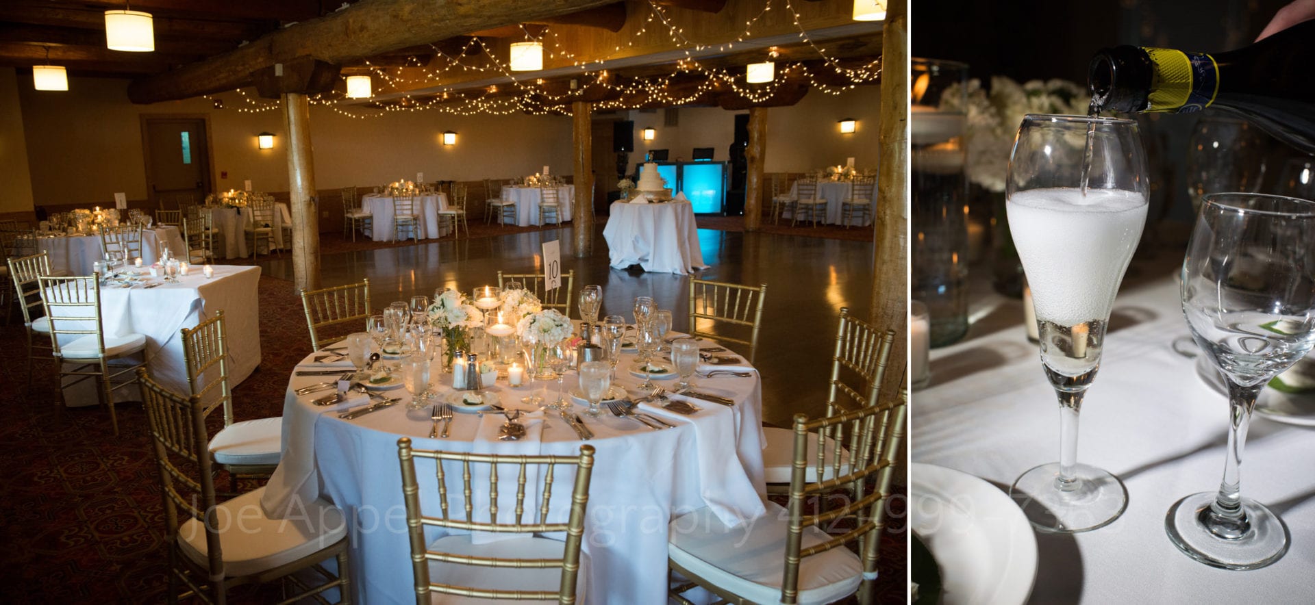 white tables in a room with string lights Seven Springs Weddings