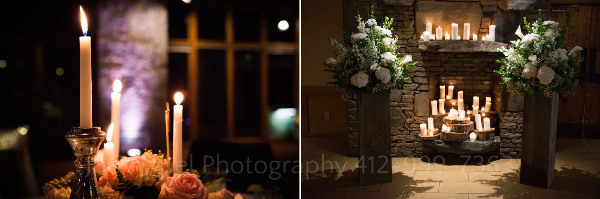 candles and white flowers by a stone fireplace Seven Springs Weddings