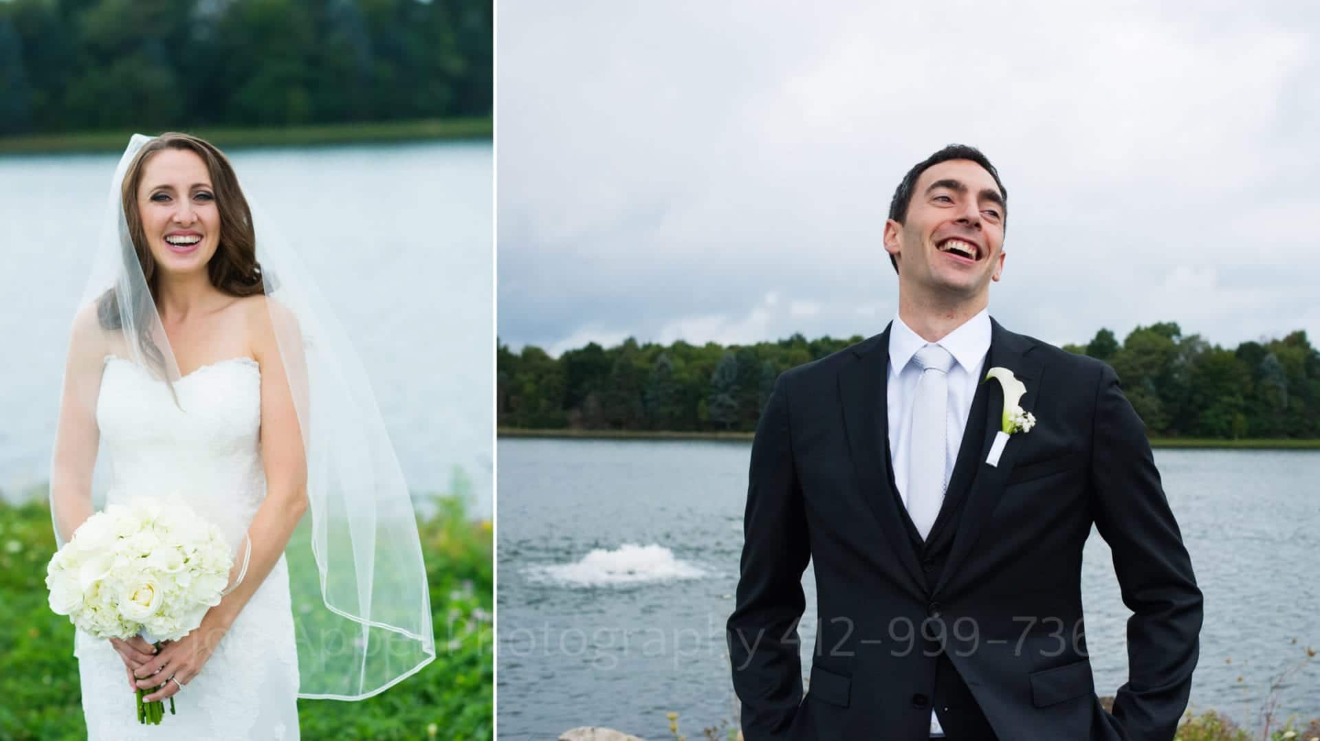 Two portraits: a bride hold hands and smiles at the camera with a lake and trees in the background. A groom laughs with his hands in the pockets of his black suit.