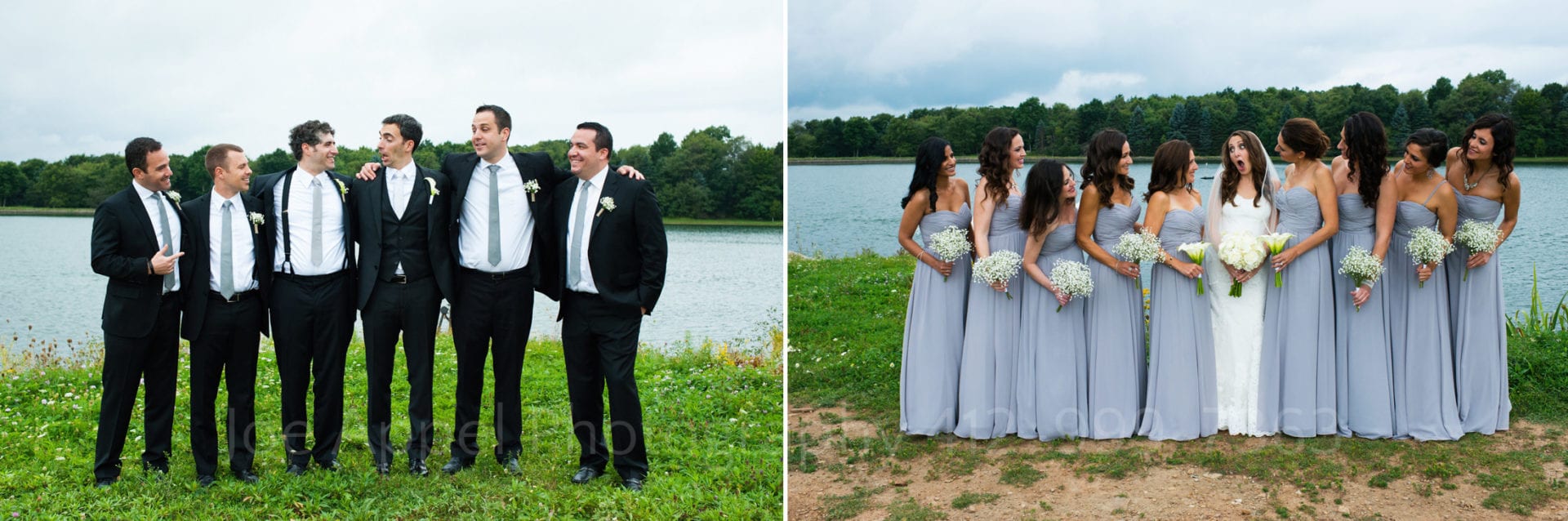 Groomsmen wearing black suits and laughing next to a photo of a bride and bridesmaids standing together laughing in front of a lake.