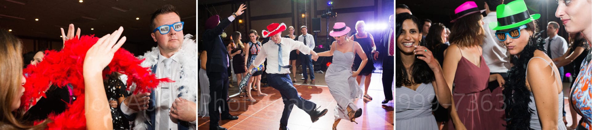 Wedding guests dancing with funny glasses and hats during a wedding reception.