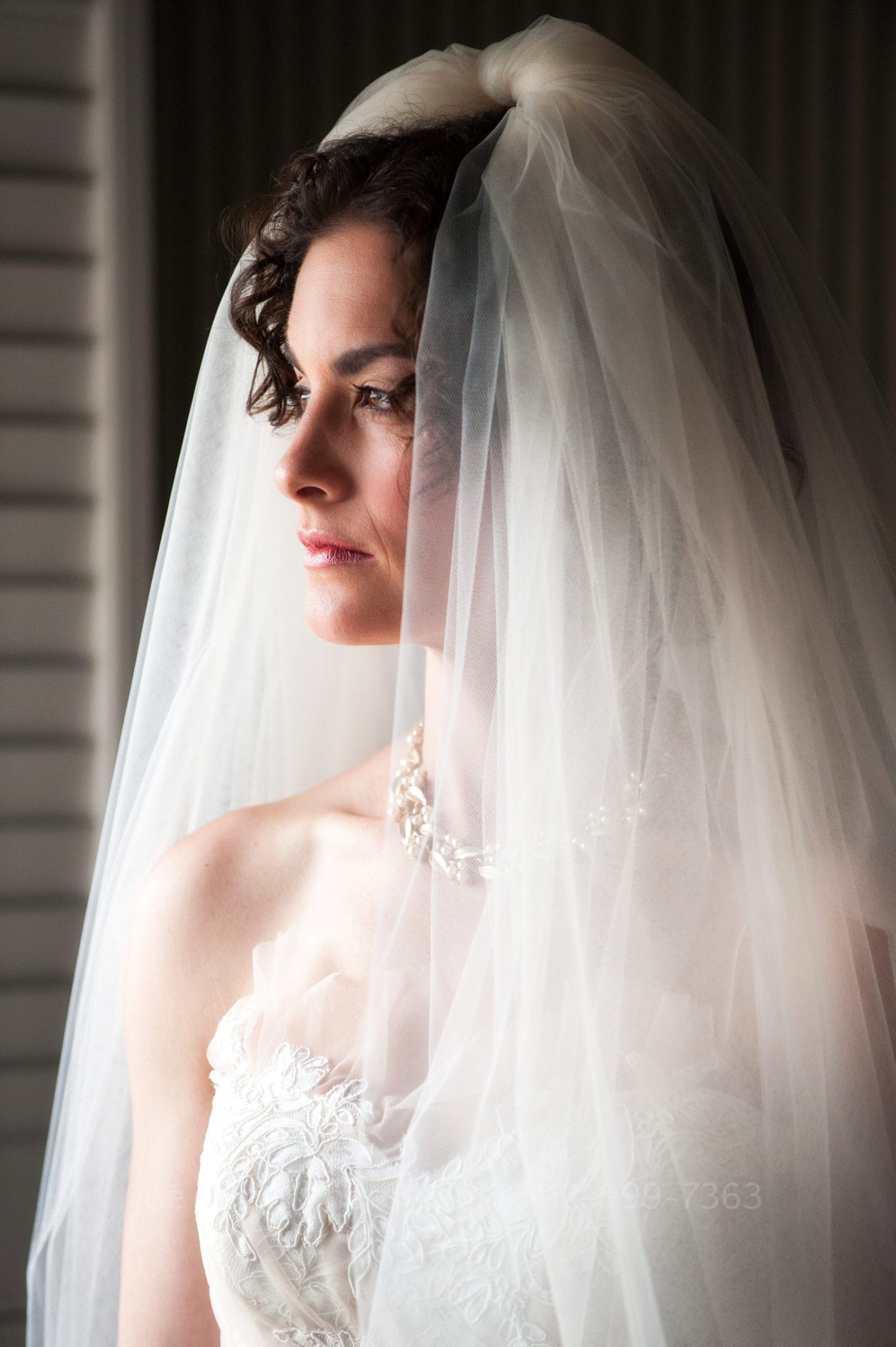 a brunette bride in a strapless wedding dress with a flowing veil