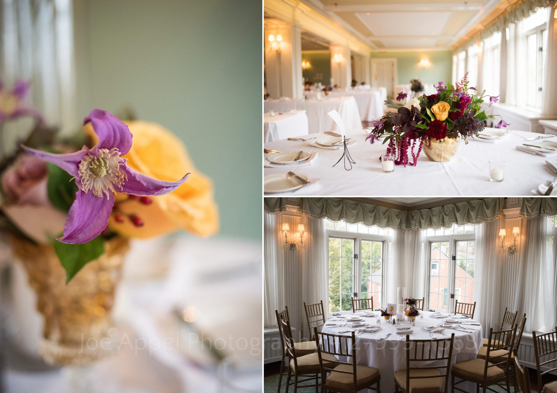 white tables with orange and purple flowers