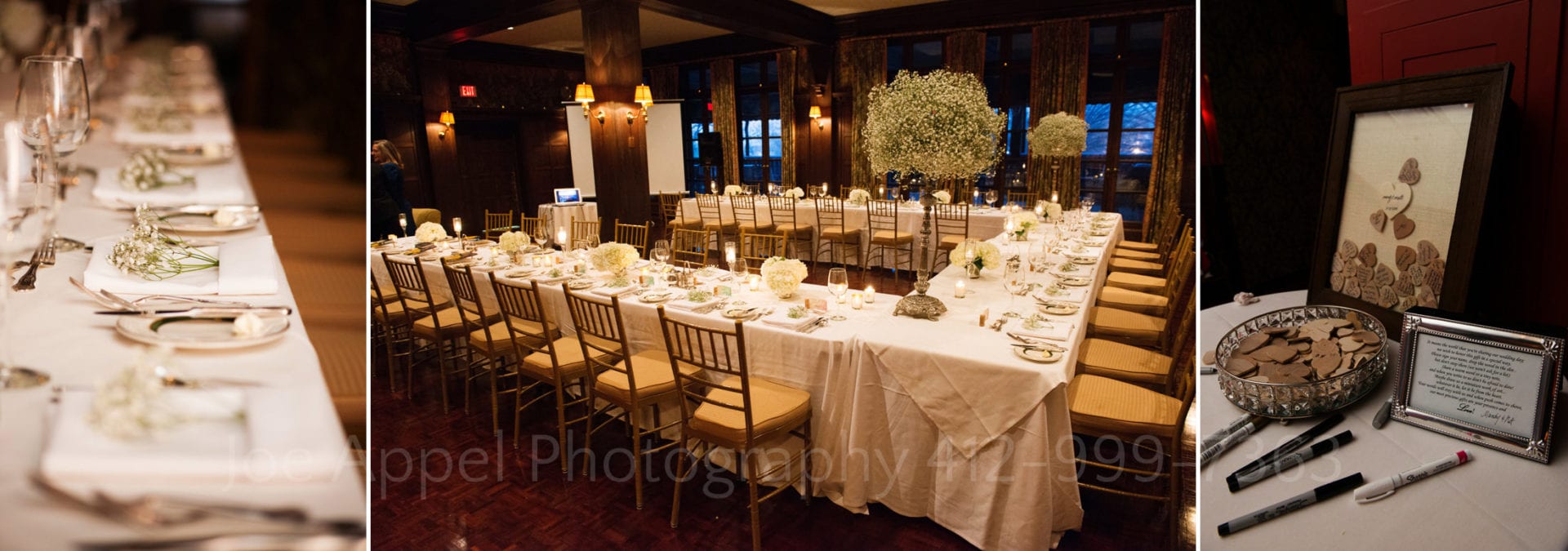 a white and gold dining room with white bush centerpieces