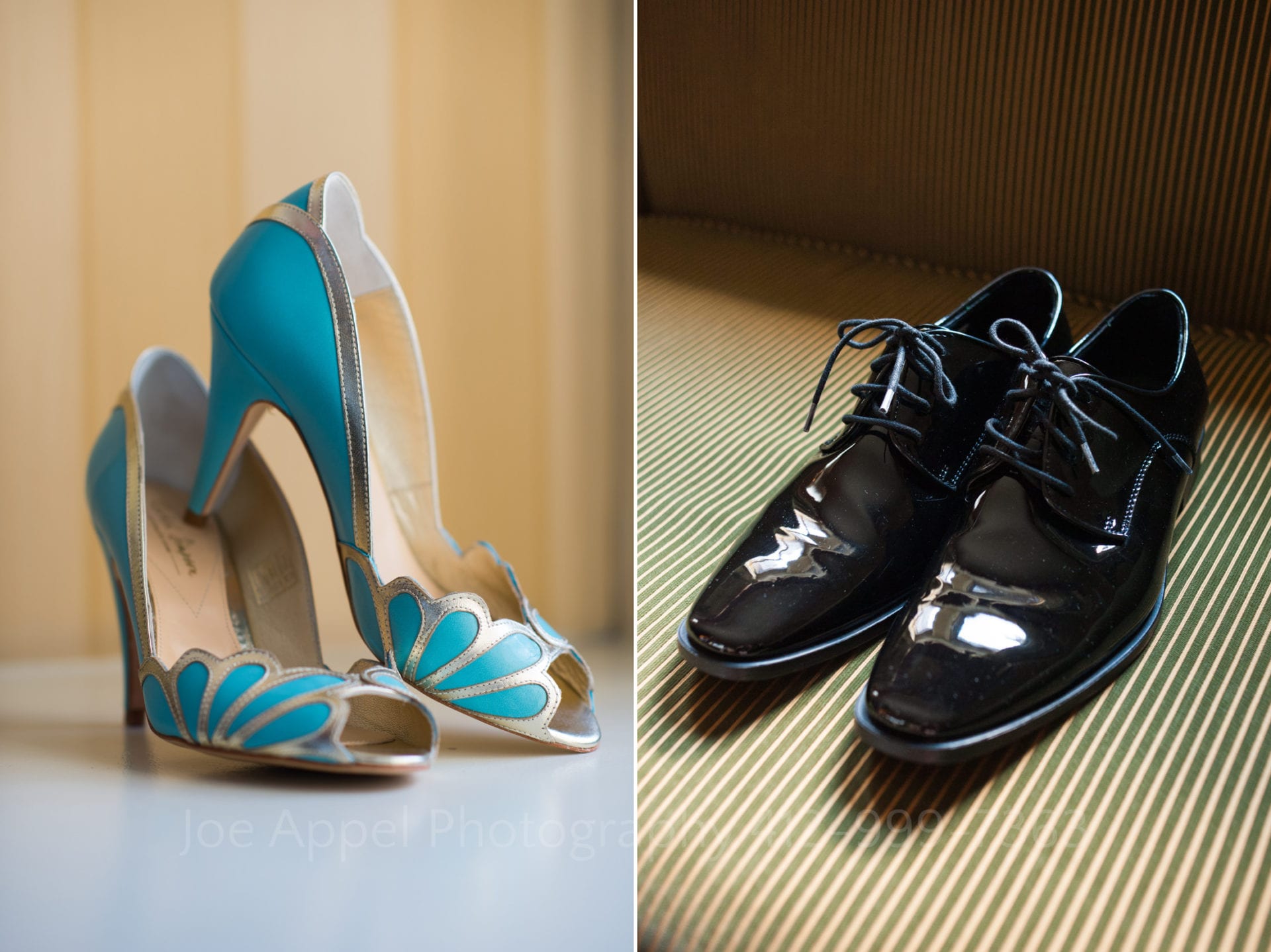 the brides blue and gold heels next to the grooms black dress shoes with blue accents