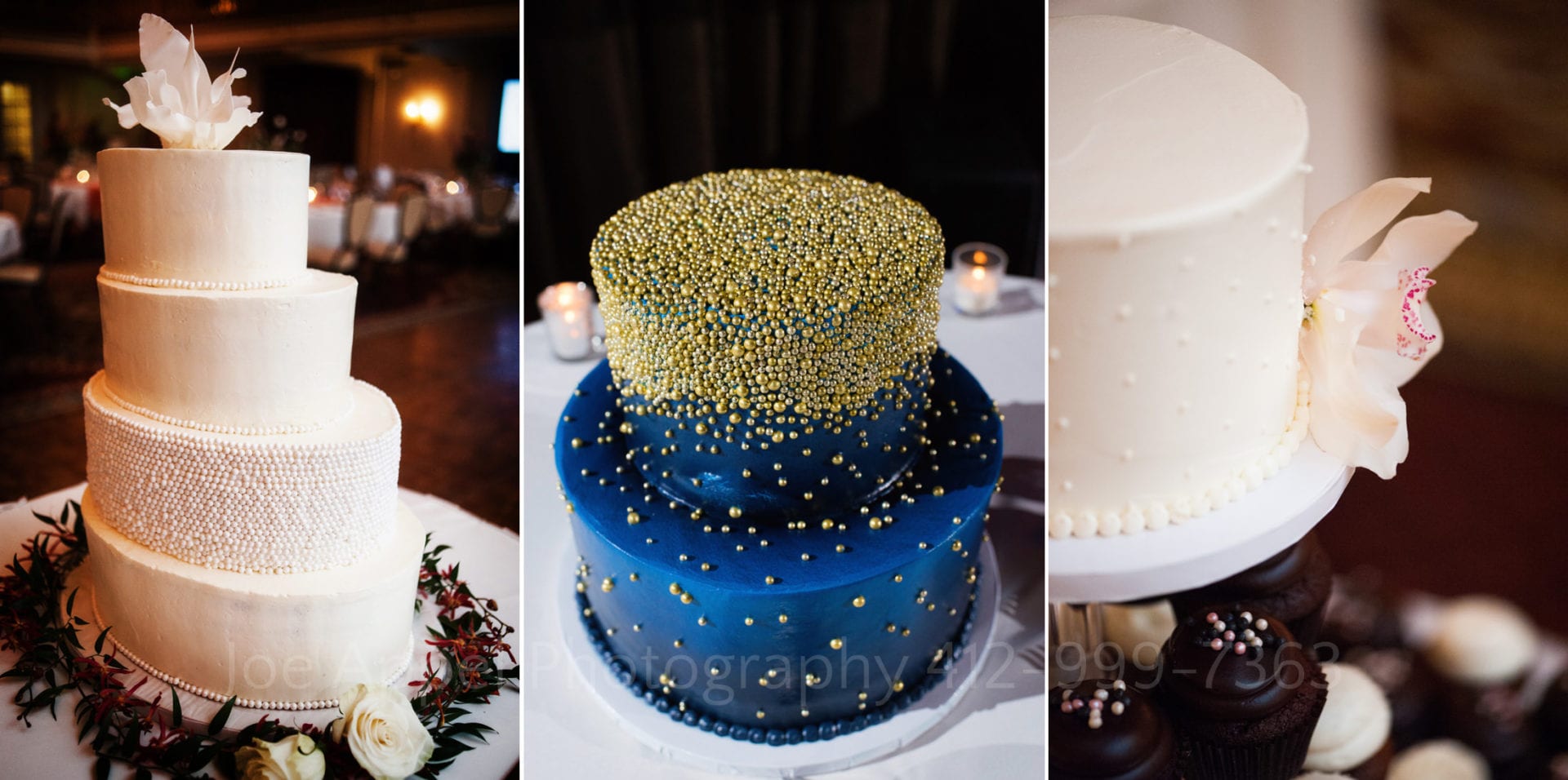 a white tiered wedding cake with pearls next to a blue wedding cake with gold glitter and a white spotted wedding cake with a flower