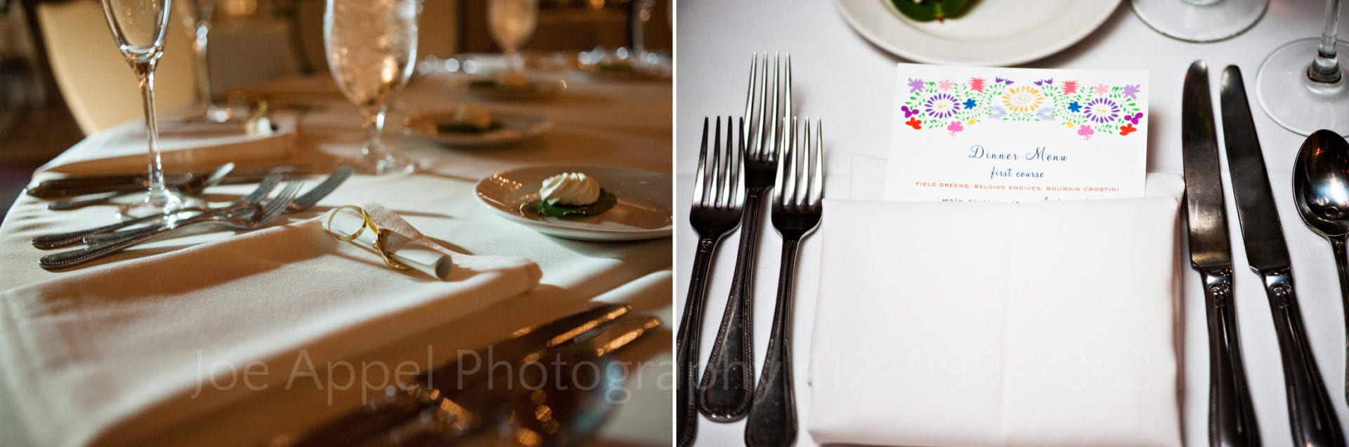 silverware and colorful floral place cards