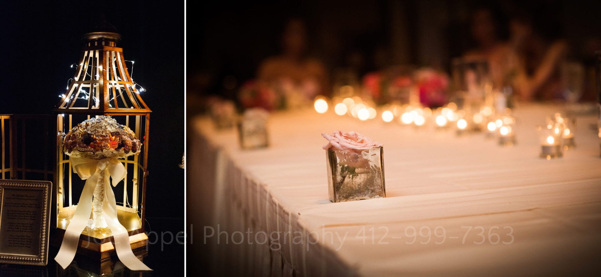 flowers inside of a lantern with fairy lights and pink roses in a vase