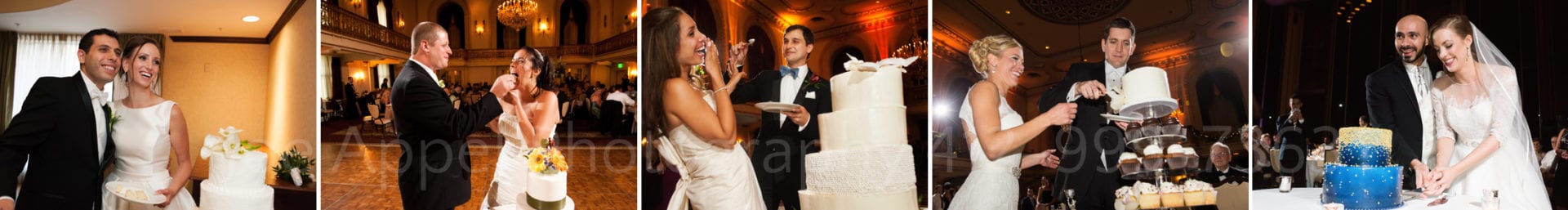 couples laugh and cut their wedding cakes