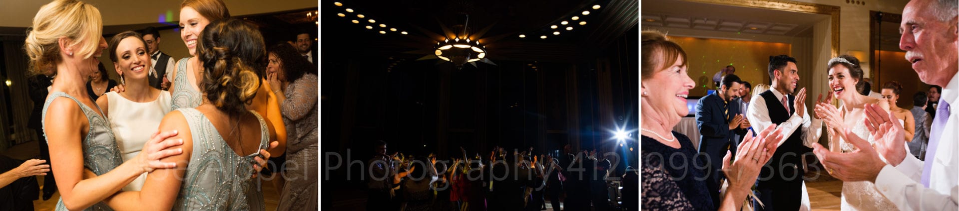 guests laugh and dance in illuminated rooms